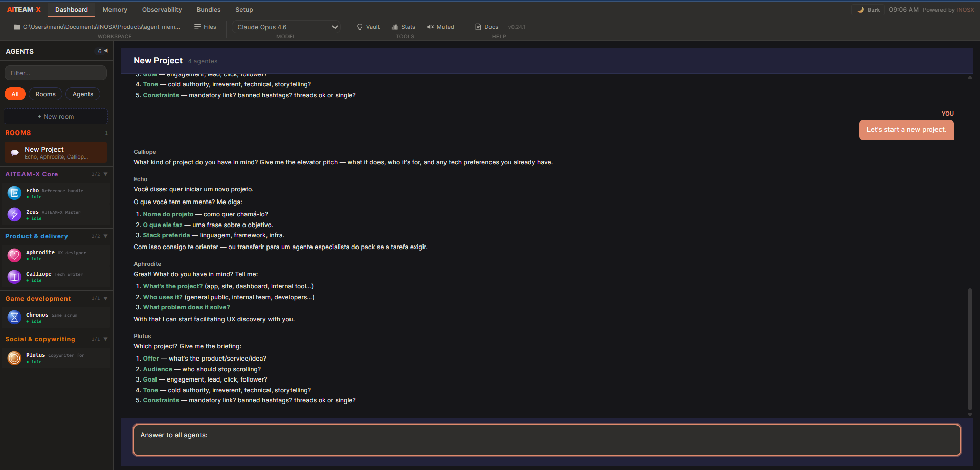 Five AI agents responding in parallel inside a shared room